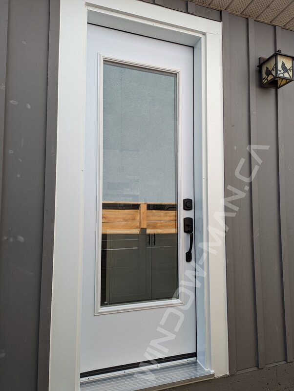 steel tall narrow door with full clear glass - view from the outside