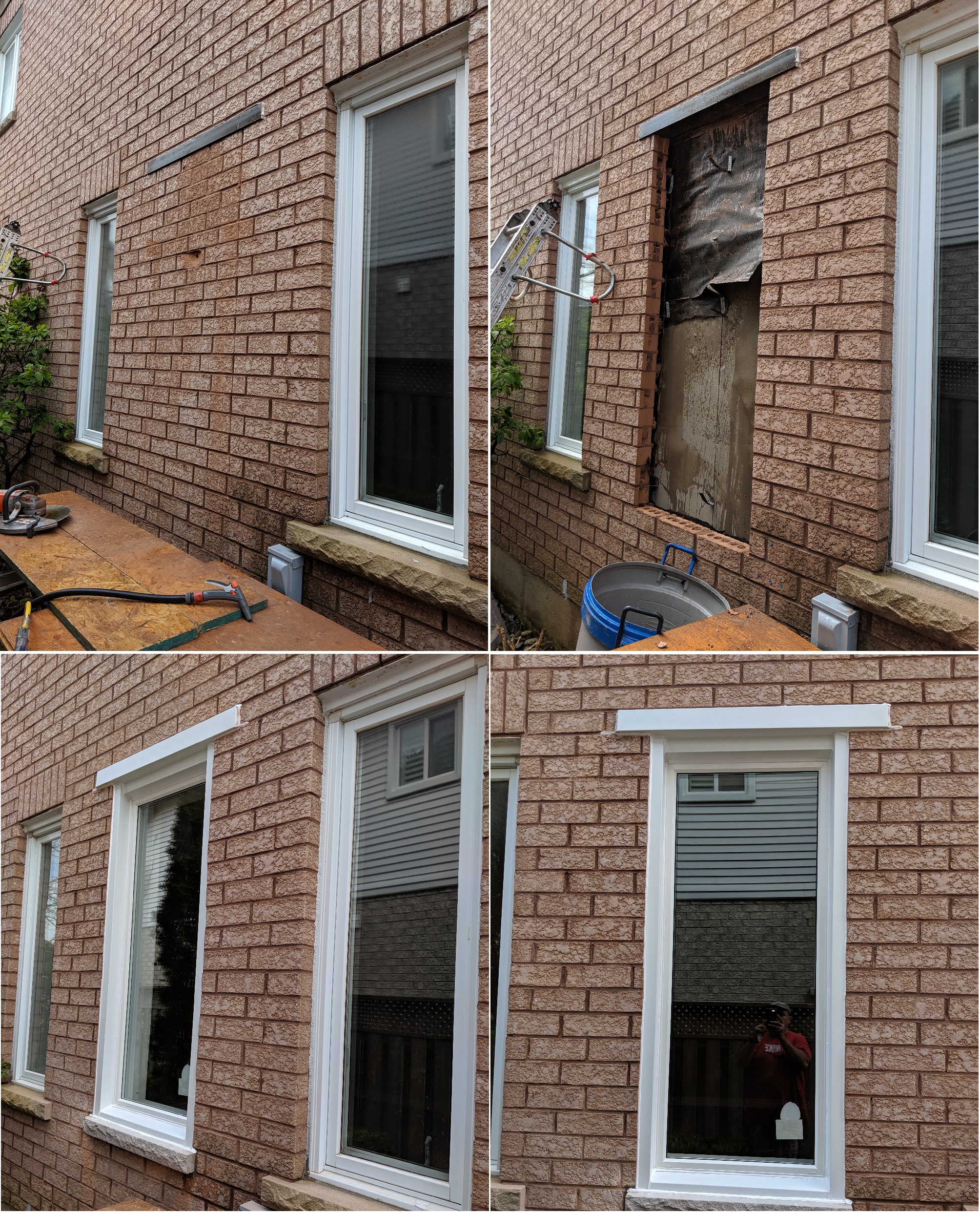 Cutting a new window opening. The window did not exist before. Cut brick, concrete bottom seal installation, lintel installation, aluminum capping flashing outside. Casing trim inside.  The Middle window had to be in between two existing windows. 