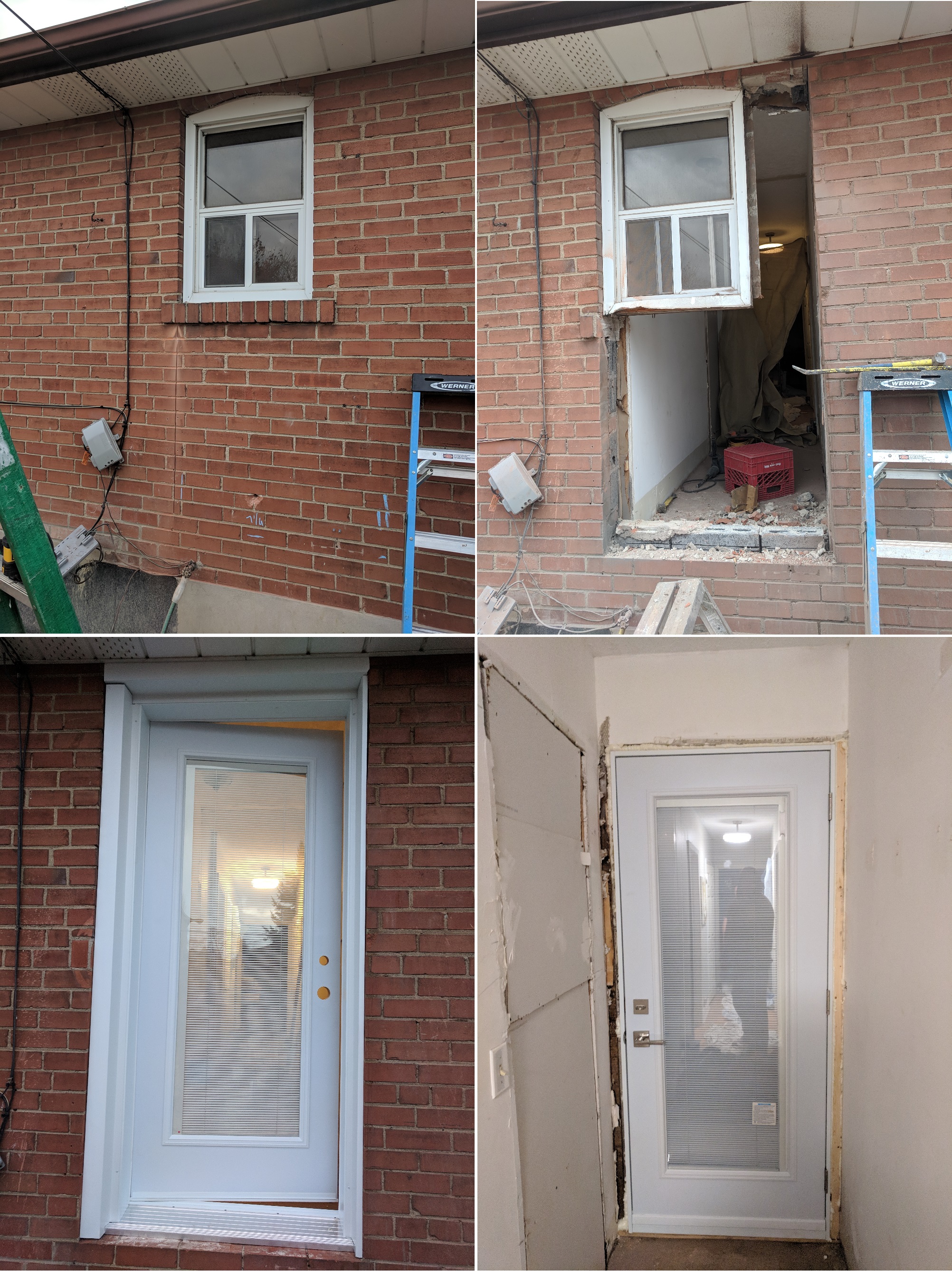 Cutting a brick. Converting an existing window into a single inswing patio door. Cut brick, aluminum capping flashing outside. No casing inside. Patio door with internal (tilt and lift) mini blinds.