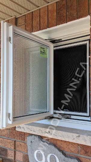 powder room window – 30 x 30 casement window with frosted glass